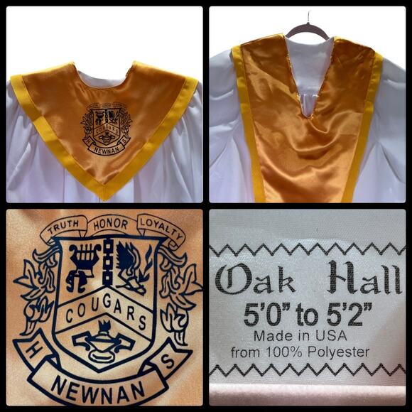 Oak Hall Graduation Gown Choir Robe Newnan Georgia Cougars Stole 5'0-5'2 White - Picture 7 of 11